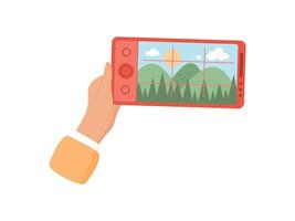 Hand holds a smartphone with a photo app. A user taps the screen to capture selfie. People enjoy taking pictures using mobile media, flat style, perfect for social media marketing. vector