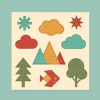 Grunge retro patch set with bold symbols like stars, clouds, triangles, fish, and trees in flat brutalism and y2k style. Perfect for funky decoration, vintage art, or playful creative projects. vector