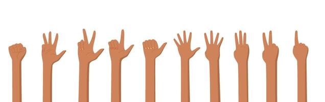 Flat cartoon hand set show diverse finger gestures. Illustration displays various bare palm positions and numbers. Ideal for classroom, math education, and playful learning environments. vector
