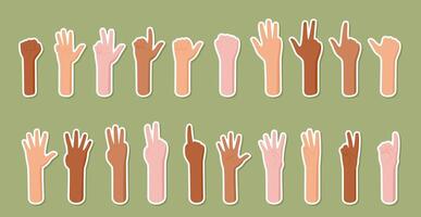 Cartoon sticker set with finger gestures and numbers. Human bare hands show count with silhouette arms. Flat style, educational icon for math visuals and learning tools. vector