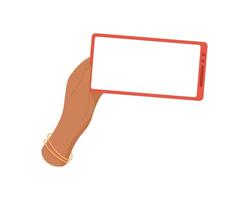 A hand holds a smartphone with a blank template screen. A user grips digital device displaying an empty interface. This cool mobile phone offers trendy context for media, flat visual style, and vector