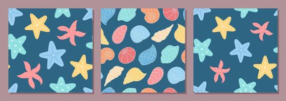 Seamless underwater pattern with marine style elements set. Aquatic background with cartoon starfish and seashells in a flat design. Perfect for summer sets and ocean visuals. vector