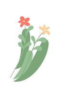 Flat flower design with vibrant bloom and green leaves. Simple plant graphic represents natures beauty. Ideal for botanical themes, the artwork serves as a modern visual element. vector