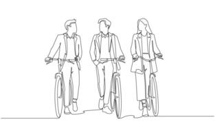 Continuous one line drawing of three colleagues having conversation while walking with bicycles, collaborative relationship and eco-friendly travel concept, single line art vector