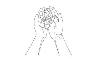 Continuous one line drawing of two hands holding blooming lotus, nurturing nature concept, single line art vector