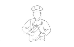 Continuous one line drawing of chef sharpening knife, professional culinary craftsmanship concept, single line art vector