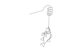Continuous one line drawing of hand showing fish on hook, single line art vector