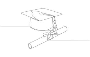 Continuous one line drawing of graduation cap and rolled diploma, graduation and academic achievement concept, single line art vector