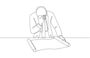 Continuous one line drawing of frustrated businessman holding blueprint of unsuccessful project, failed investment concept, single line art vector