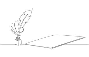 Continuous one line drawing of hand holding quill pen and dipping it into inkwell before preparing to write on paper, traditional writing concept, single line art vector