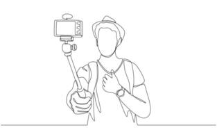 Continuous one line drawing of traveler recording footage with camera mounted on selfie stick, travel vlogging concept, single line art vector