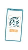 Mobile phone displays a QR code in a modern style. Smartphone shows scanning app that enables quick code interactions. User engages with technology through digital interface, enhancing online vector