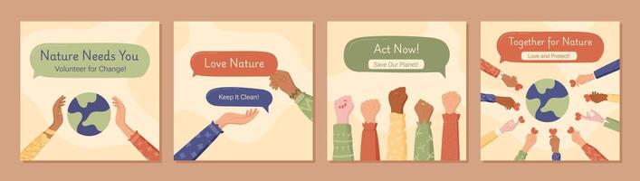 Flat banner set with hands and globe promoting social media community volunteerism. Encourages teamwork, charity, and global support for nature planet conservation. vector