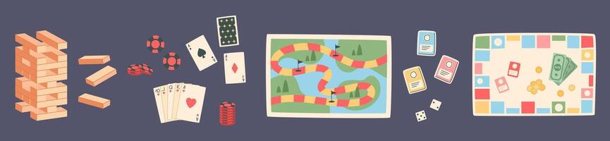 Flat cartoon boardgame set with colorful game elements. Includes jenga blocks, poker chips, and snake path tiles. Features dice, money, table cards for fun entertainment. Ideal for childhood leisure, vector