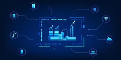 Industrial factories connected with various innovation icons represent the development of factories into smart forms that integrate modern technology to increase efficiency and respond market demands vector
