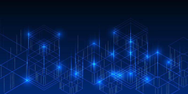 Stacked squares represent massive data storage, structured processing, and the interconnection of data in complex and precise information technology systems.