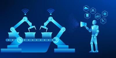 Robot controlling a mechanical arm in a factory represents the new era of industrial innovation that uses AI to control the production process automatically to increase efficiency and reduce costs. vector