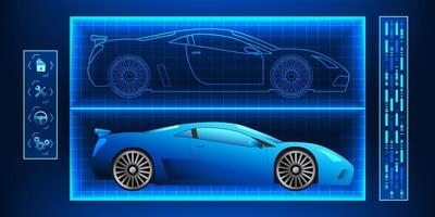Digital Twin of a supercar represents the development of vehicle innovation, performance analysis and tuning through virtual reality for maximum performance in a world of speed and technology. vector