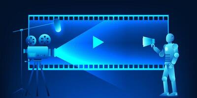 Camera is projecting a film, with a robot giving commands, suggesting the use AI to create videos through commands or text, demonstrating 's potential to automate and create media vector