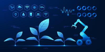 AI robot harvesting crops with technological elements, reflecting the use of artificial intelligence technology in agriculture to increase productivity, reduce labor, and analyze data for agriculture. vector