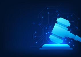 LegalTech, a legal hammer with a technology circuit line, represents the change in law that brings technology to enhance the justice process and the transparency of the legal system vector