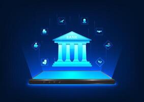Fintech technology shows a smartphone projecting a holographic image of the bank and investment icons, conveying the message of accessible, fast and smart finance through cutting-edge innovation. vector