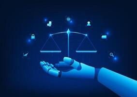 LegalTech Robotic hand holding a scale of justice, symbolizing the integration of AI with modern law, which helps in thinking, judging and protecting human rights, a symbol of modern justice. vector
