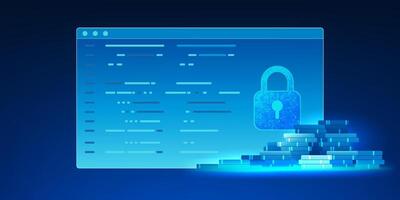 Fintech technology, digital screen with lock and coin, conveys the safety of online financial transactions, data protection, and investment through digital systems with high security standards. vector