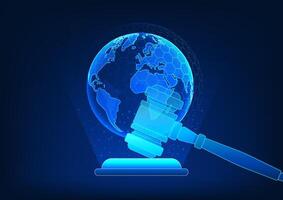 LegalTech, a legal hammer with a hologram and a globe behind it, represents the change in law that uses technology to enhance the justice process and the transparency of the legal system. vector