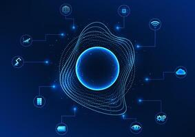 Sound wave in a circle surrounded by an AI icon represents AI technology that can listen and process voice commands to control automatic functions in various systems as a smart device. Business vector