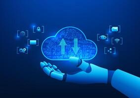 Robotic hand interacts with cloud computing, representing advanced data processing and business support, integrating artificial intelligence, data storage and connectivity. vector