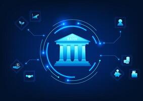 Fintech technology, banking connected to investment icons, reflecting the transformation of financial services to the digital age, transactions, investments and asset management vector