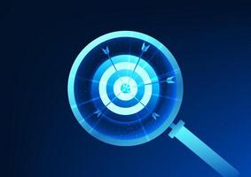Magnifying glass that points at the target and the arrow that points to the center represents accurate analysis, planning and setting of business goals to achieve growth in the highly competitive era. vector