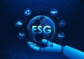 ESG is on Earth with a robot hand, representing green technology and sustainable development, using innovation and intelligent systems to drive the world towards an environmentally friendly future. vector