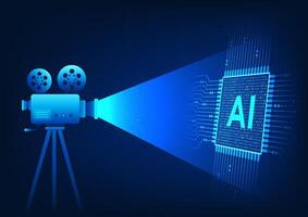 Movie camera recording an AI chip, representing the use of automated creation technology, represents , which can process, create, and produce content intelligently and quickly vector