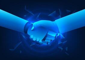 Businessman's hands shaking hands with robots, signifying the collaboration between humans and artificial intelligence to drive modern business to enhance efficiency and create innovation. vector
