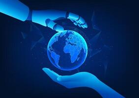 AI robot hand and human hands embrace the world together, representing AI Co Worker technology towards a sustainable, balanced and creative future, symbolizing human intelligence and AI in the new era vector