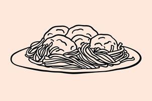 Minimalist line art illustration of a plate of spaghetti and meatballs. Simple, elegant, hand-drawn style. vector