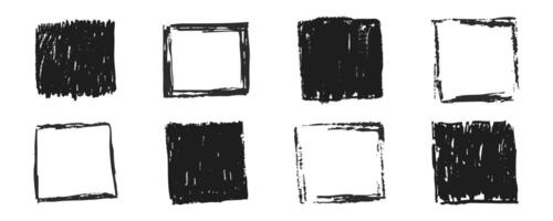 Grunge rectangle frames with textured edges, paint brush ink graffiti splatter and stencils border. Retro scribble abstract shape. vector