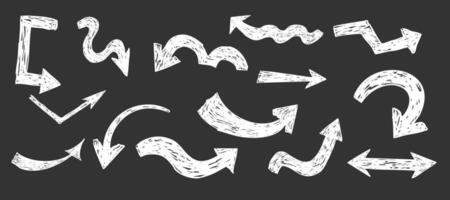 Thick white arrow crayon or chalk drawing sketch grunge textured on blackboard set. Different directions simple curve shape. Pencil, marker, pastel scribble vector
