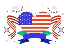 Flat Design Cartoon of Fourth of July Festivities with Flag and Balloons vector
