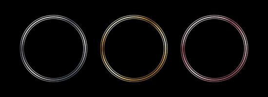 Gold and silver circle thin frame set. Shiny metal foil circle border collection. Golden glowing boarder bundle in art deco style. Linear round element pack for photo, cadre, card, emblem vector