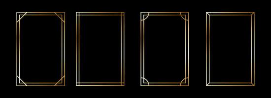 Thin metallic rectangle frame set. Shiny gold foil border collection. Golden glowing geometric boarder bundle in art deco style. Rectangular element pack for photo, cadre, card, emblem vector