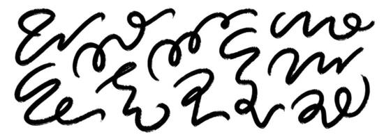 Black squiggle brush stroke set. Wiggly paint line collection. Charcoal curly flourish pack for highlight, underline, emphasis. Crayon wavy undulate strips. Rough chalk scribble swoosh stripes vector