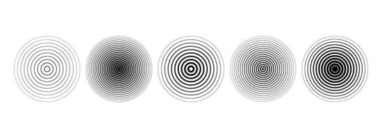 Black linear concentric circle set. Fading round sound wave collection. Epicenter, target, radar, sonar icon concept. Radial radio signal or vibration element pack. Striped symbols vector