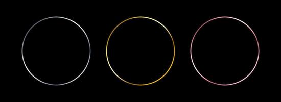 Gold and silver circle thin frame set. Shiny metallic foil circle border collection. Golden glowing boarder bundle in art deco style. Linear round element pack for photo, cadre, card, emblem vector