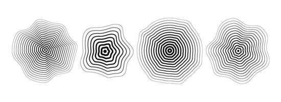 Black concentric ripped circle set. Dotted and dashed round sound wave collection. Epicenter, target, radar, sonar icon concept. Halftone radial radio signal or vibration element pack vector