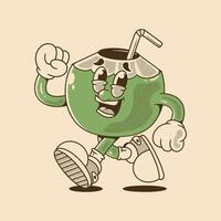 Cheerful Running Coconut Character with Retro Cartoon Style vector