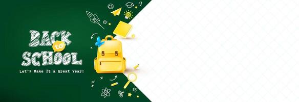 Creative back to school template featuring yellow backpack blue butterfly chalkboard background and notebook grid ideal for certificates flyers and school events vector