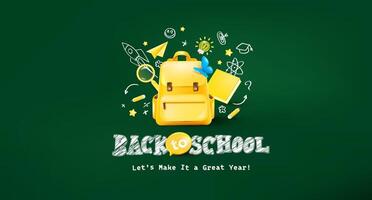 Fun back to school design with yellow backpack blue butterfly and chalkboard doodles perfect for education and student projects vector